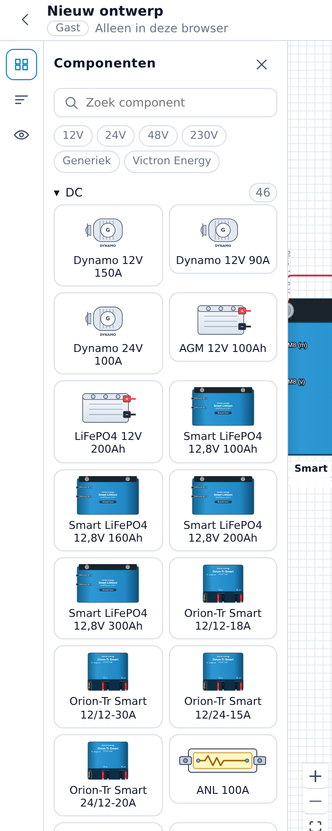 Schermafbeelding van de componentbibliotheek van WireElectric met filters op 12V, 24V, 48V, 230V en Victron Energy en tegels van accu's, dynamo's en zekeringen.