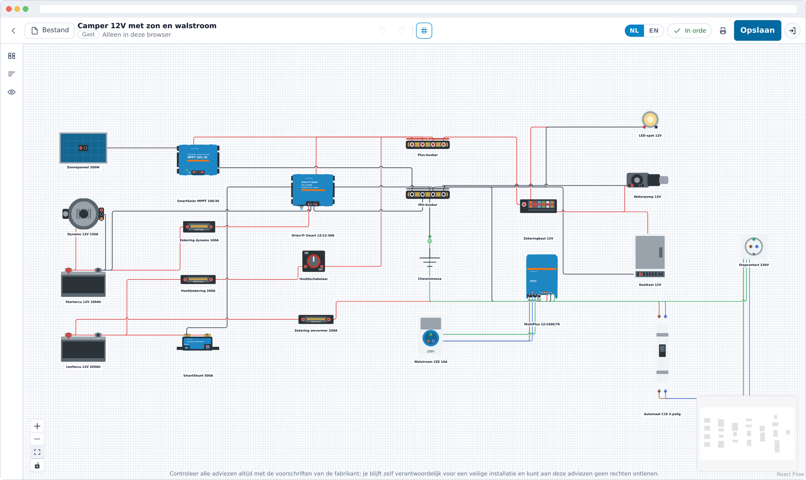 Mockup van een browservenster met WireElectric op een laptop: een compleet 12V-camperschema op het canvas.