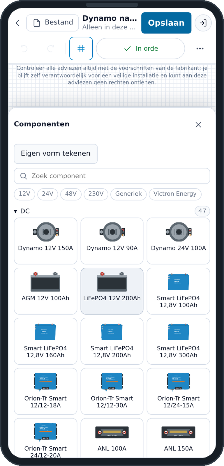 Mockup van een telefoon met WireElectric: de componentbibliotheek als lade onderaan het scherm met tegels van accu's en laders.